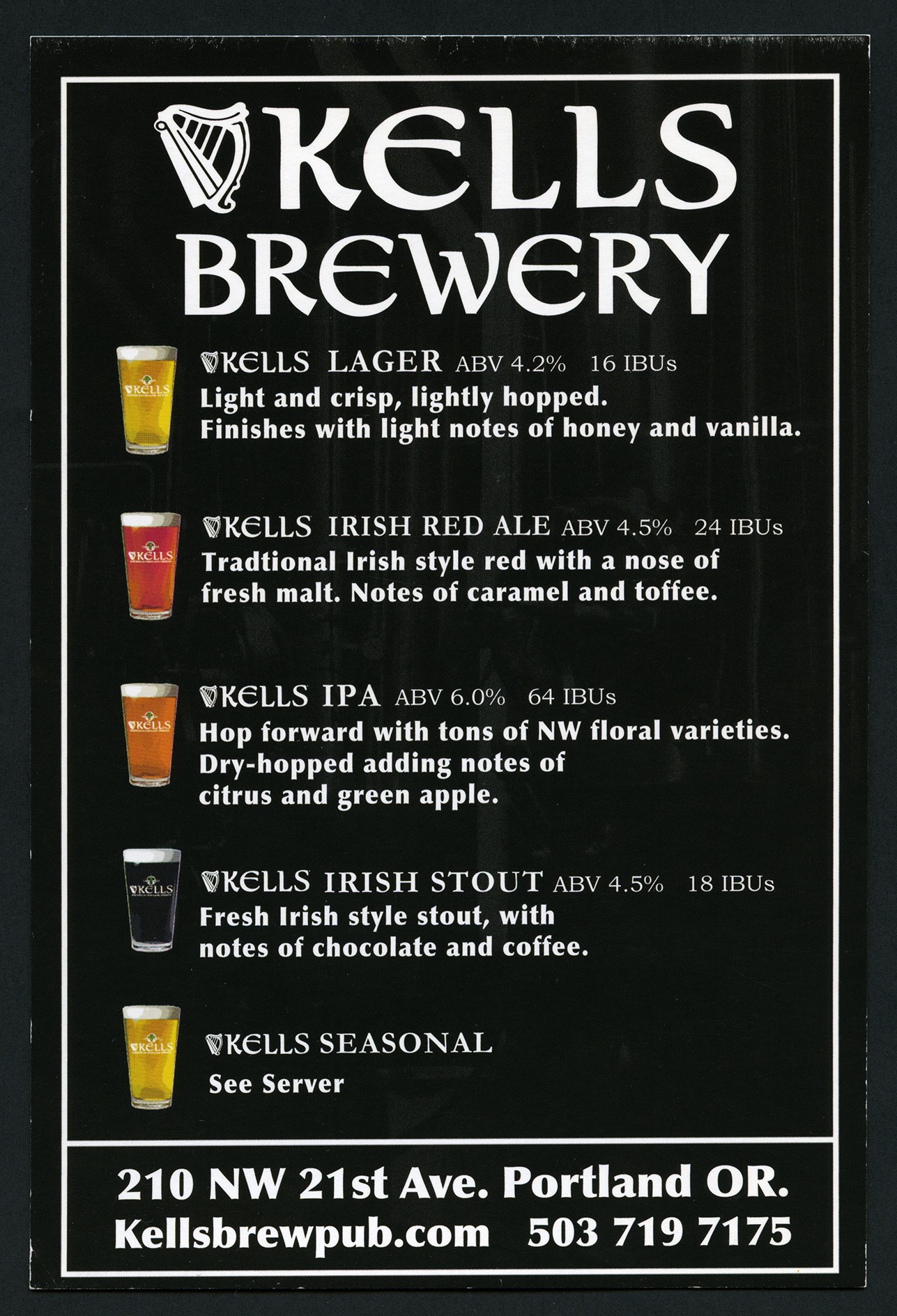 Kells Brewery beer list postcard The Gallery